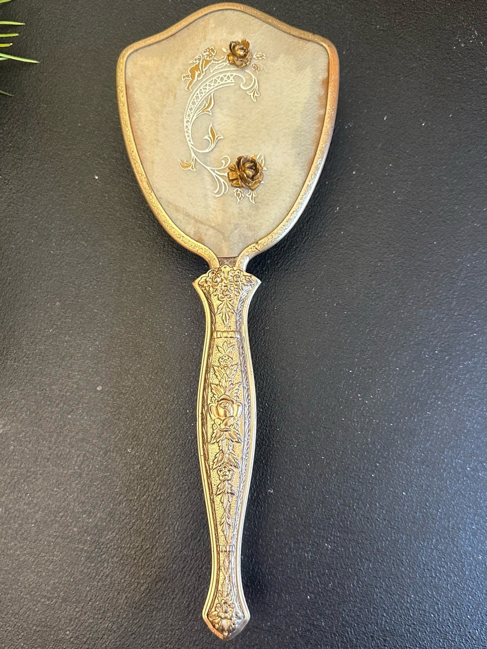 Vintage Ornate Gold Hand Mirror with Floral Detail